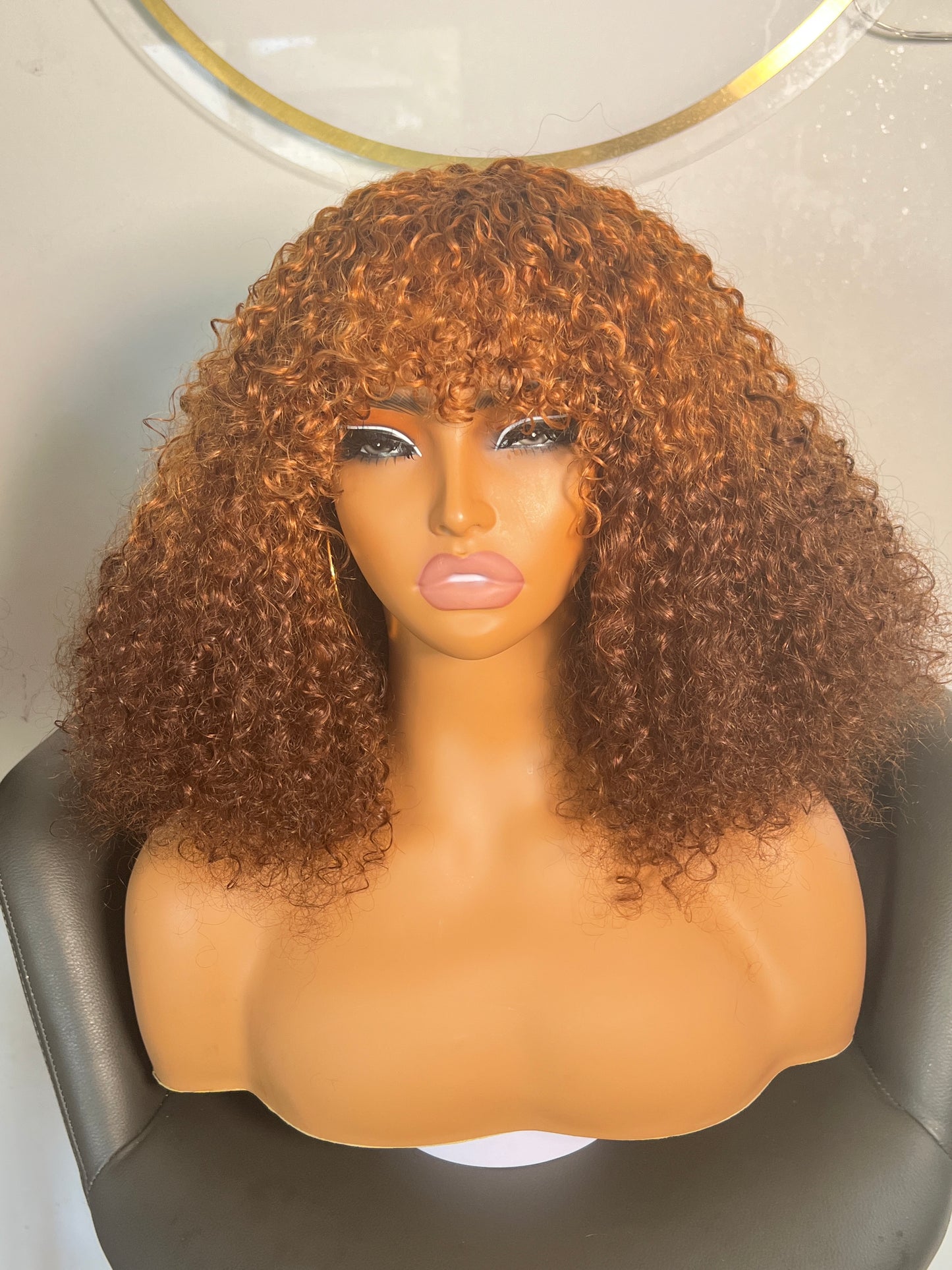 Maya Unit: Wigs With Bangs: Human Hair Wigs With Bangs: Fringe wigs: Honey Blonde Wig: Curly Hair.