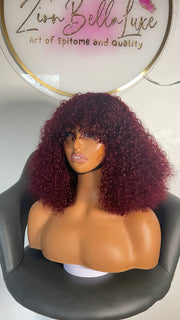 Kim Unit: Wig with Bangs: Human Hair Wig: Curly Wig: Pixies Wig: Burgundy Wig: Wig With Fringe. ZionBellaLuxe