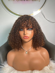 May Unit: Wigs with Bangs: Honey blonde Wigs: Human Hair Wigs, Wigs with Fringe: Short wigs: Curly Hair: Pixies Curls: Brown Wigs. ZionBellaLuxe