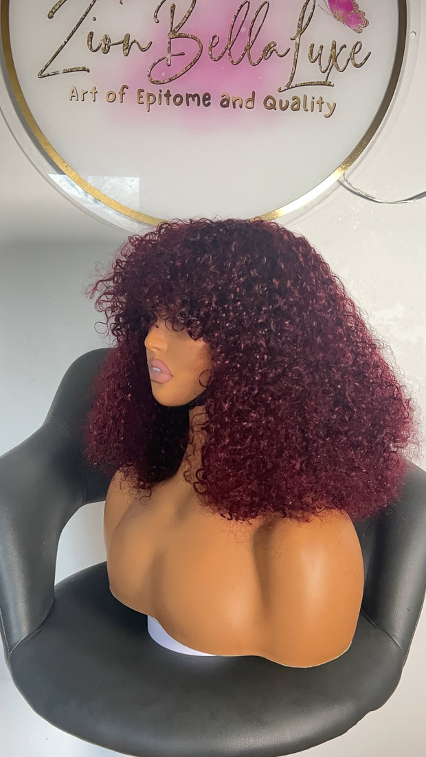 Kim Unit: Wig with Bangs: Human Hair Wig: Curly Wig: Pixies Wig: Burgundy Wig: Wig With Fringe. ZionBellaLuxe