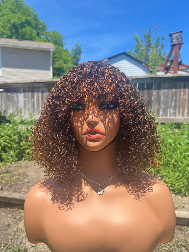 May Unit: Wigs with Bangs: Honey blonde Wigs: Human Hair Wigs, Wigs with Fringe: Short wigs: Curly Hair: Pixies Curls: Brown Wigs. ZionBellaLuxe
