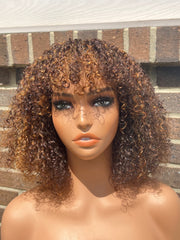May Unit: Wigs with Bangs: Honey blonde Wigs: Human Hair Wigs, Wigs with Fringe: Short wigs: Curly Hair: Pixies Curls: Brown Wigs. ZionBellaLuxe