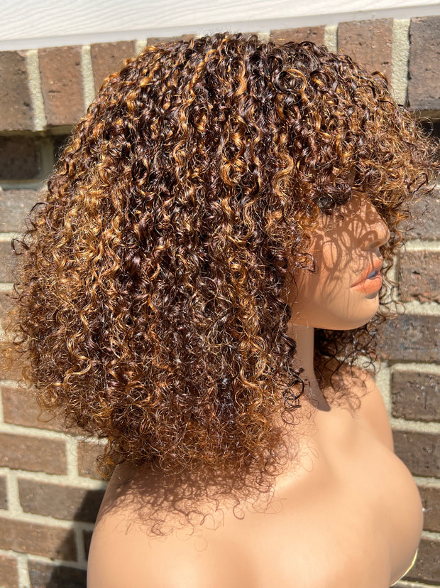May Unit: Wigs with Bangs: Honey blonde Wigs: Human Hair Wigs, Wigs with Fringe: Short wigs: Curly Hair: Pixies Curls: Brown Wigs. ZionBellaLuxe