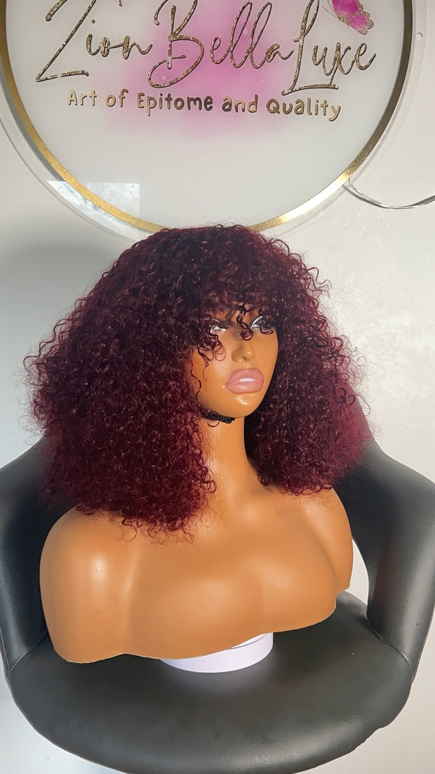 Kim Unit: Wig with Bangs: Human Hair Wig: Curly Wig: Pixies Wig: Burgundy Wig: Wig With Fringe. ZionBellaLuxe